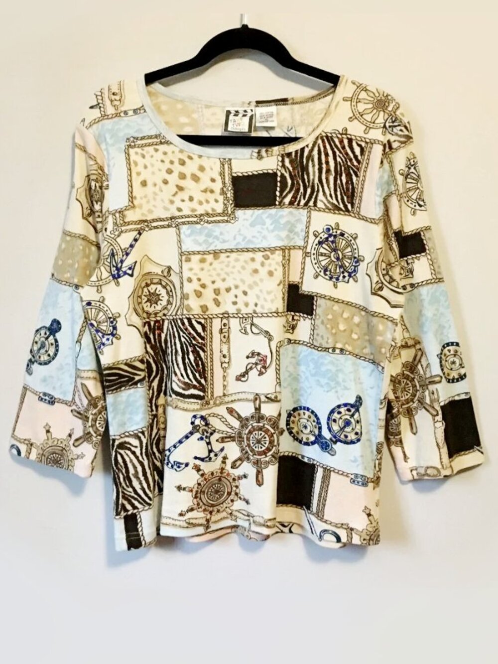 VTG 90s 100% Cotton Cream Patchwork Print & Sequin Half Sleeve Top Plus Size XL